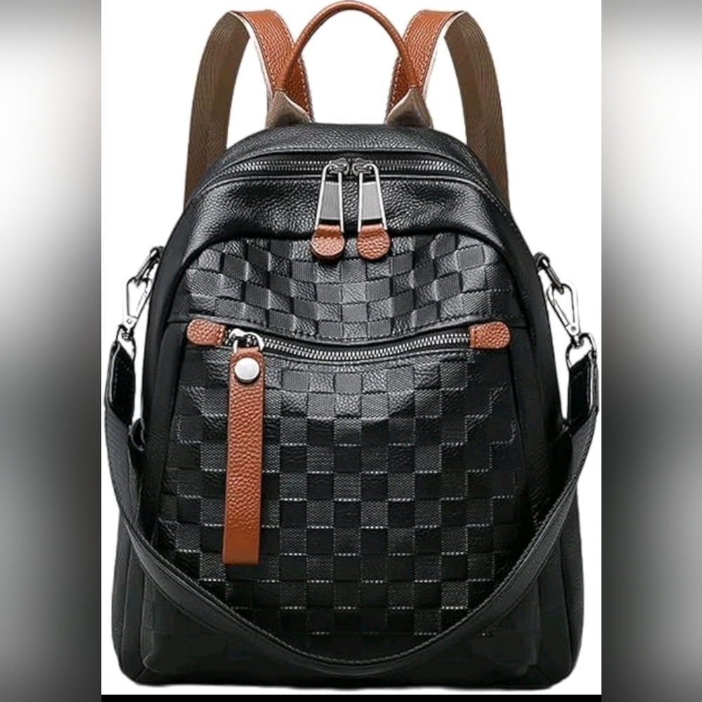 Wesccimo Genuine Leather Backpack Black Leather Checkered Convertible Shoulder